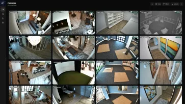 The Jetsons Management System's camera overview: a grid of labelled camera tiles beside the platform's own navigation