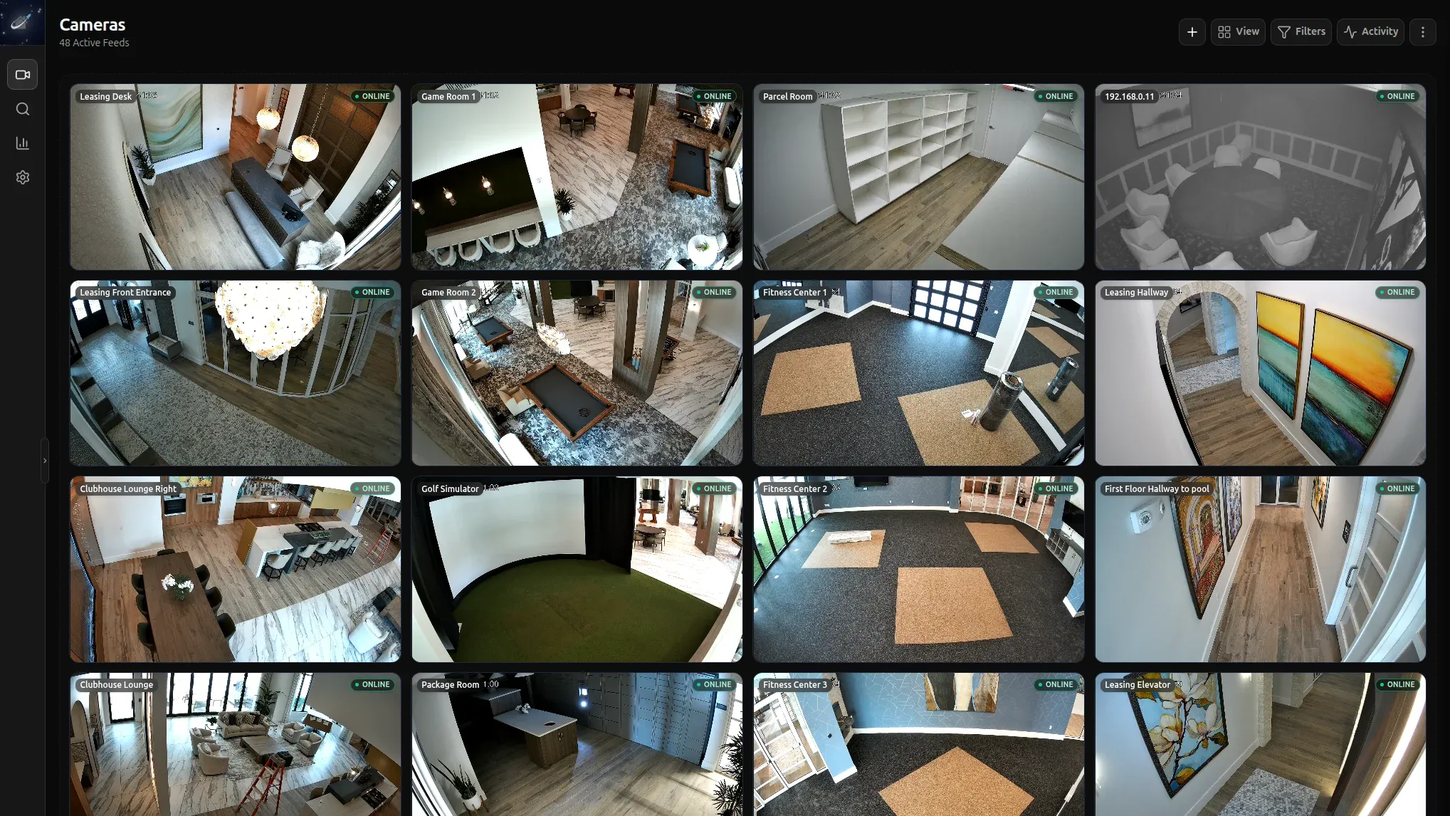 The Jetsons Management System's camera overview: a grid of labelled camera tiles beside the platform's own navigation
