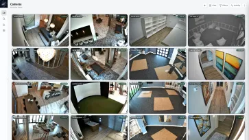 The Jetsons Management System's camera overview: a grid of labelled camera tiles beside the platform's own navigation